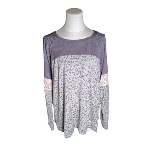 NWOT Knox Rose Soft Gray Leopard Print Tee With Pale Pink Lace Size Extra Large